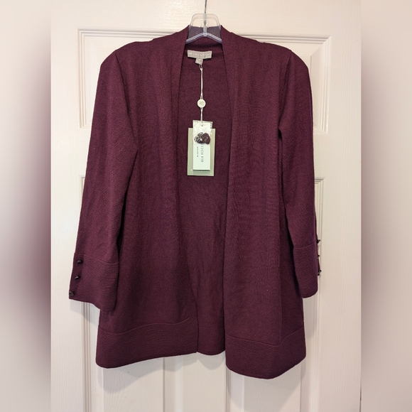 NWT Evolution Myna Button Sleeve open front ribbed Cardigan sweater purple sz S - Picture 2 of 8